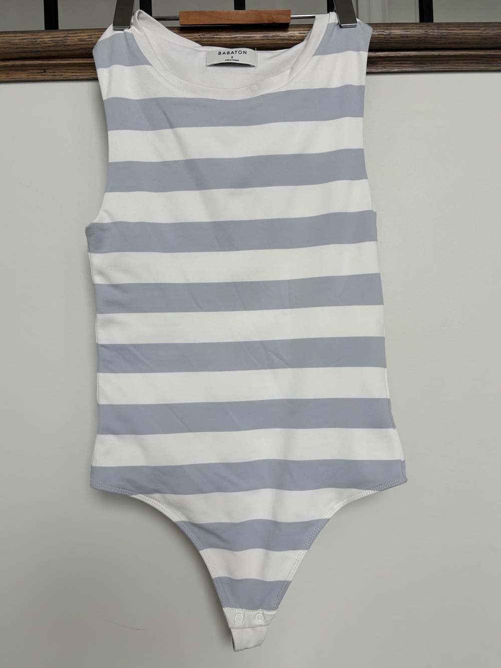Babaton White and Light Gray Wide-Stripe Crewneck Tee